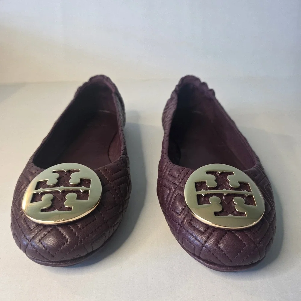 Tory Burch Minnie Quilted Nappa Leather Ballet Flats Port Burgundy Wine US 10